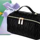 Makeup Bag,Travel Makeup Bag,Toiletry Bag Cosmetic Bag for Women,Lay Flat Makeup Bag, Upgrade Make Up Organizer Waterproof Portable with Divider and Handle(Stylish Black), HZB-M-2309Wheat