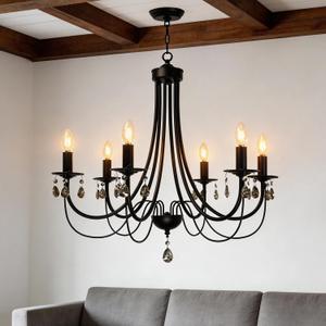 Black Chandeliers for Dining Room 6-Light Pendant Lights Modern Candle Chandelier with Brown Crystal Elegant Ceiling Lighting Fixtures Height Adjustable