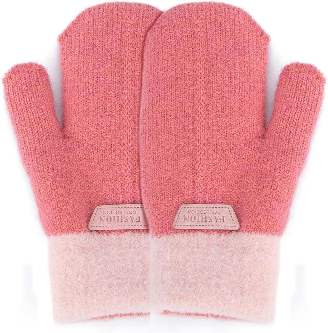 3 x FGSS Kids Winter Stretch Knitted Mittens - Thick Warm Gloves for Boys Girls 4-7 Yrs (Pink)