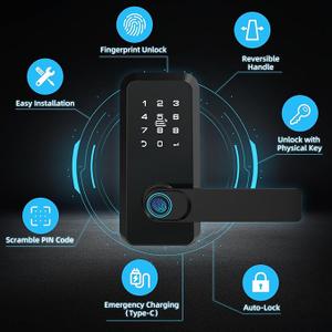 GOLDENKEY Biometric Fingerprint Door Lock with Handle, Digital Keyless Door Lock with Touchscreen Keypad&Passcode