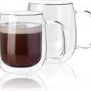 Kanwone Large Glass Coffee Mugs - 14 Ounce - Double Wall Insulated Glasses with Handle, Clear Glass Coffee Mugs, Perfect for Latte, Macchiato, Americano, Cappuccino, Tea and Beverage, Set of 2