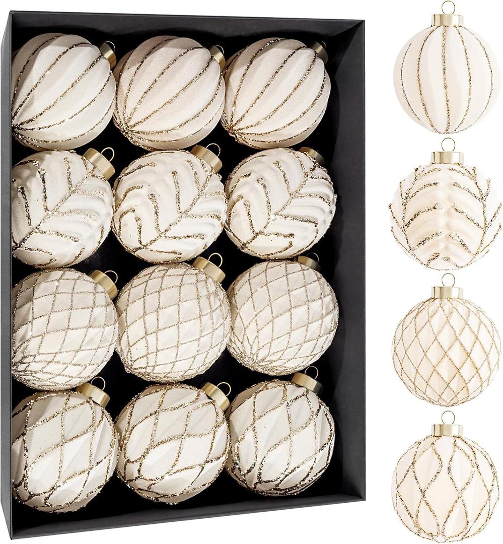 12PCS Beige Velvet Ornaments - Christmas Balls Ornaments - 80mm Glitter Christmas Tree Decoration with a Delicate Gift Box for Xmas Holiday Decorations
