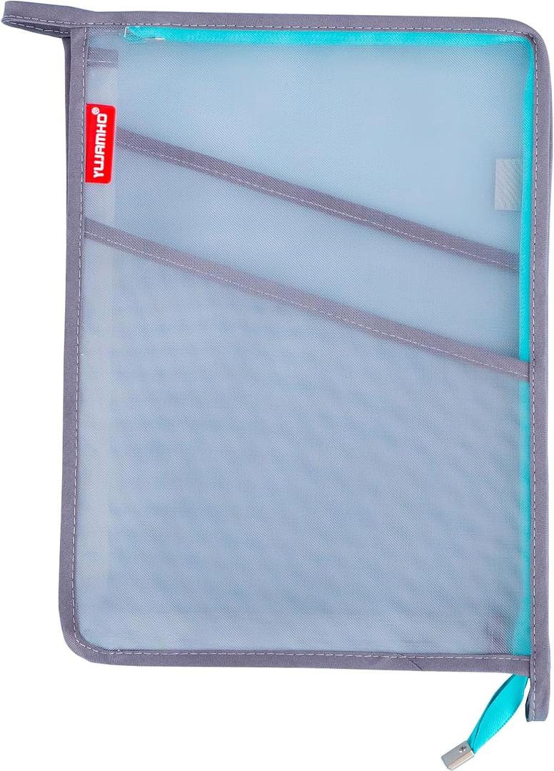 Clear Mesh Zipper Pouch, A4 3Layers Large Opening Pocket File Bag with Pen Holder, Expanding Organizer Document Storage for School/Office/Home (Light Blue, Pack of 1)