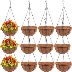 Dandat 12 Pcs 10 Inch Metal Hanging Planter Basket with Coconut Coir Liner Metal Wire Plant Holder Chain Watering Outdoor Hanging Pots Flower Pot Hanger for Porch Indoor Outdoor Garden Decorations