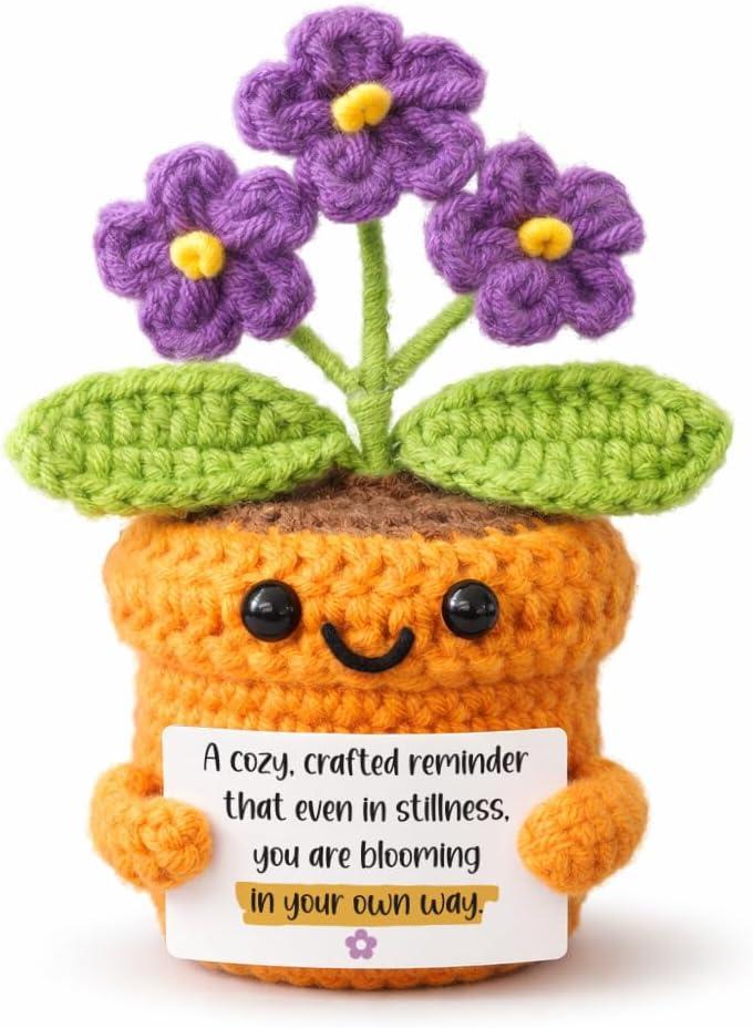 2 x Easter Gift  Handmade Crochet Potted Flower (Purple Blooms)  Cute Low-Maintenance Bedroom/Balcony/Wall Cabinet Decor, Easter Basket Stuffer, Unique Spring Ornament (Bloomed)