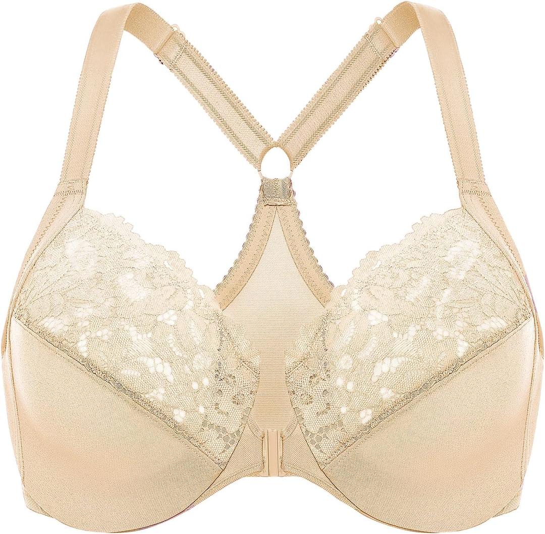 DELIMIRA Women's Front Closure Plus Size Full Coverage Lace Underwire Racerback Bra Light Oatmeal 36C