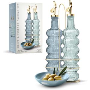 COOK WITH COLOR Glass Olive Oil Bottle Dispenser - 2 Pack- 17oz Oil and Vinegar Cruet - Olive Oil Carafe Decanter for Kitchen, Elegant Waves, Blue