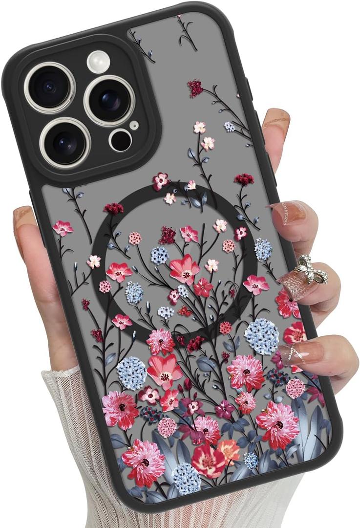 MOWIME Magnetic Floral for iPhone 13 Pro Max [Compatible with MagSafe] Cute Aesthetic Fashion Flower Translucent Matte Hard Back Shockproof Anti-Scratch Phone Case-Red Flower