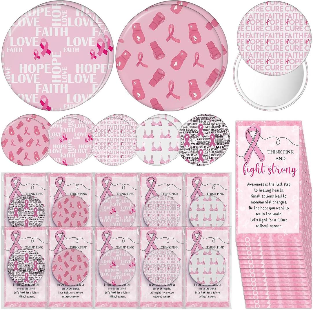 Geelin 60 Sets Breast Cancer Awareness Accessories for Women Mini Pocket Mirrors Pink Ribbons Portable Round Makeup Mirror with Think Pink Fight Card for Charity Recognition Public Event Survivor