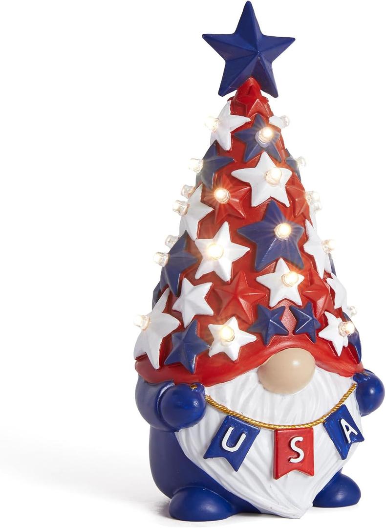 DN DECONATION 4th of July & Memorial Day Decorations with Lights, Patriotic Gnome Decor Lighted Red Blue Independence Day Tabletop Decor USA Resin Gnome with Stars Gifts for Table Tiered Tray