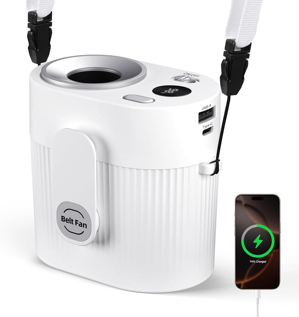 2 x CIVPOWER Portable Waist Clip Fan: 20000 RPM Turbo Cooling - Rechargeable 8000 mAh Battery and LED Display - 5 Speed Belt Fan on Shirt for Outdoor/Jobsite/Camping/Travel - White