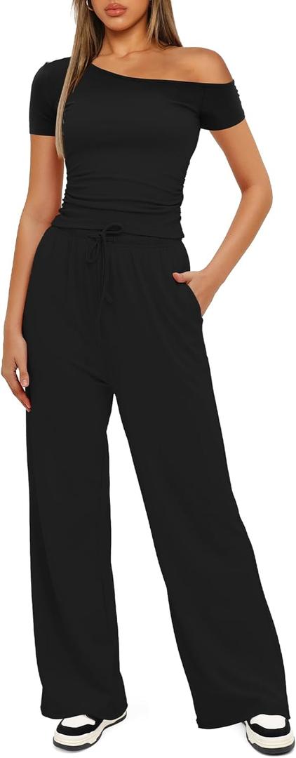 Darong Women's 2 Piece Outfits Lounge Sets Off Shoulder Short Sleeve Tops and High Waisted Wide Leg Pants Tracksuit Sets (Large, Black(31" Inseam))
