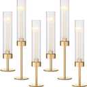 Gold Hurricane Candle Holders 4 Pcs Fluted Candle Holders Gold Taper Candle Sticks Holder Tall Glass Candle Stand Set for Table Centerpiece Wedding Party Christmas Decorations Fireplace Decor