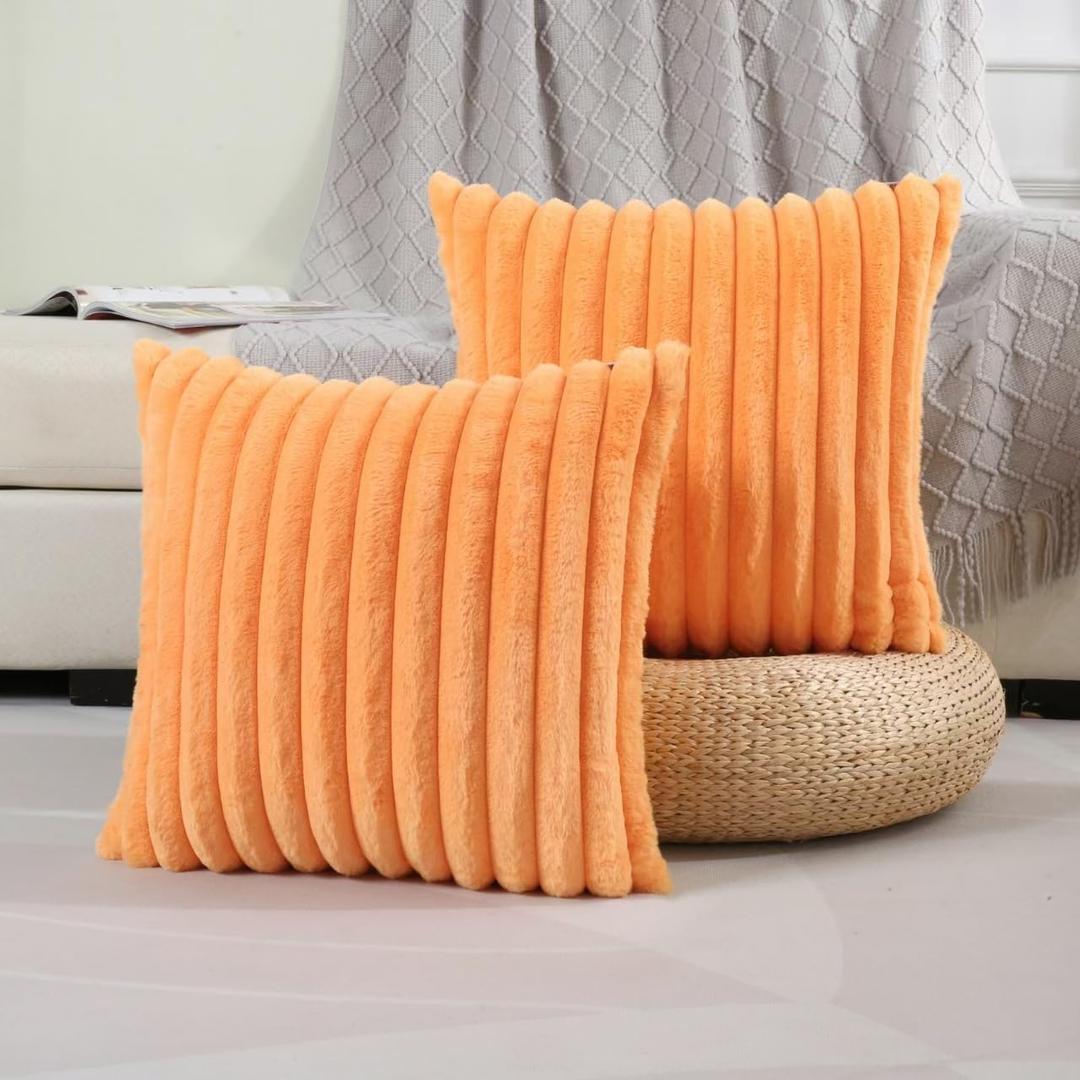 FUTEI Orange Striped Decorative Throw Pillow Covers 18x18 Inch Set of 2,Square Spring Decorations Couch Pillow Case,Soft Cozy Faux Rabbit Fur & Velvet Back,Modern Home Decor for Bed