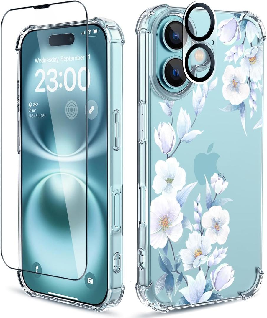 for iPhone 16 Case,[3 in 1] with Screen Protector & Camera Lens Protector, Flower Pattern Design,Clear Soft Shockproof Slim Floral Phone Cover for Women Girls 2024 6.1"(Hibiscus/Blue)