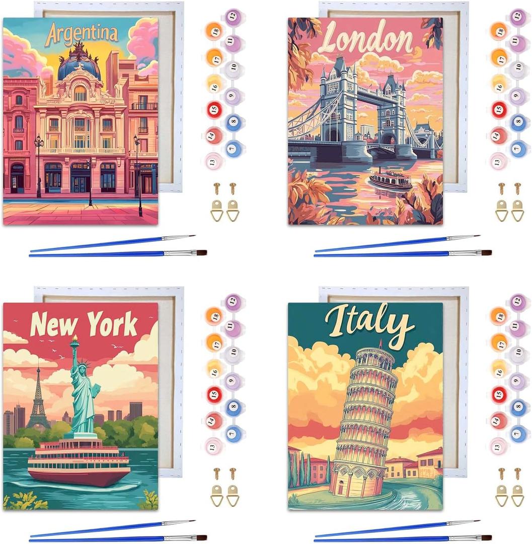 Reofrey Framed Paint by Numbers Kit for Adults & Beginner - 4Pcs 8x12Inch Canvas Architectural Landscape Paint by Numbers - Educational & Creative Art Set for Beginners - Perfect for Home Decoration