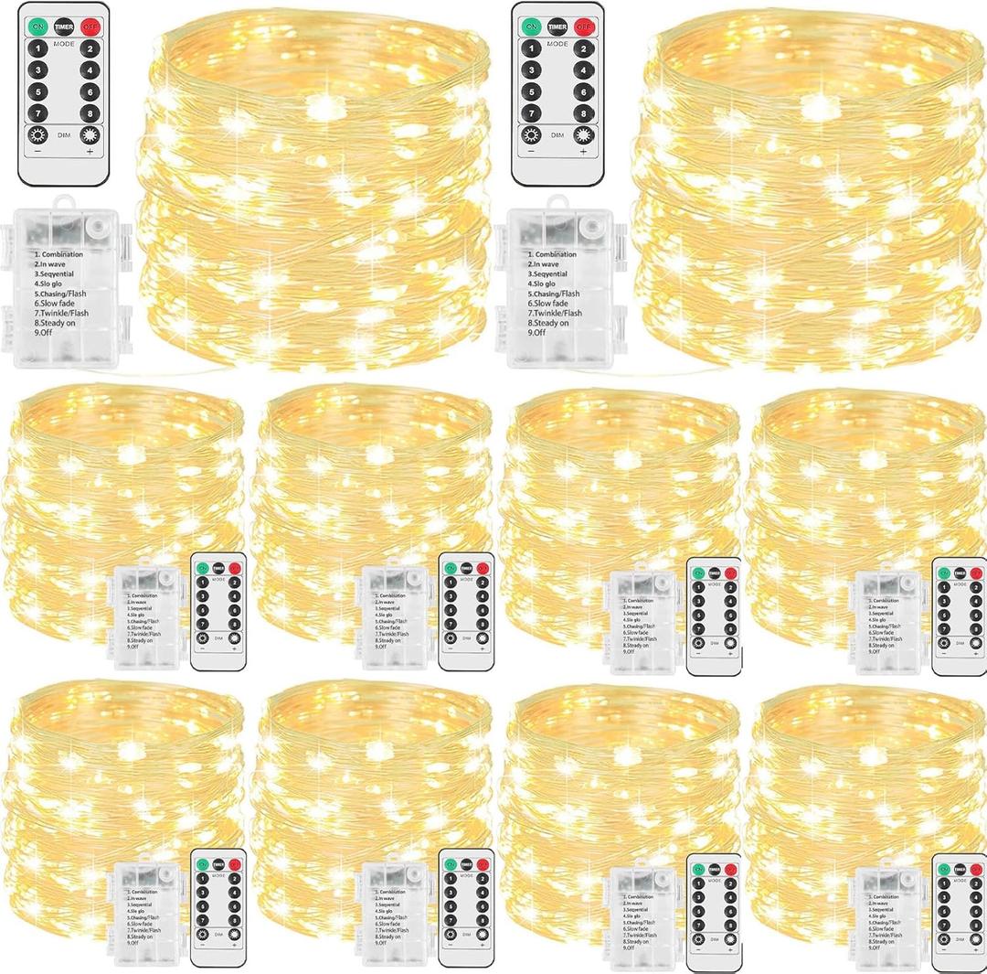 Beieverluck 10 Pack 33FT 100 LED Fairy Lights Battery Operated Fairy Lights with Remote and Timer Waterproof String Lights Outdoor Indoor for Bedroom Wedding Christmas Decorations, Warm White
