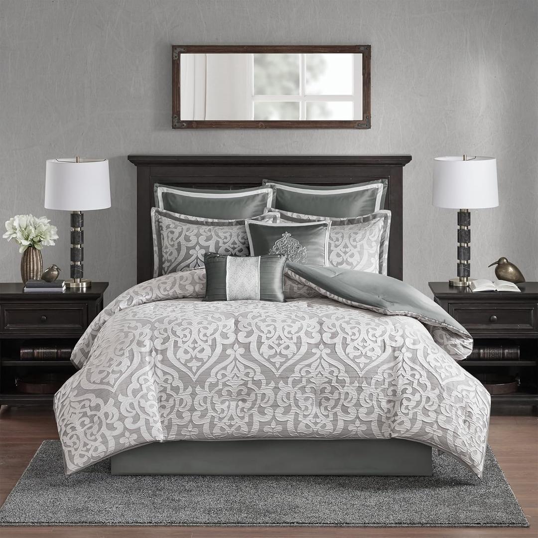 Madison Park Odette Cozy Comforter Set Jacquard Damask Medallion Design - Modern All Season, Down Alternative Bedding, Shams, Decorative Pillows, Cal King(104 in x 92 in), Silver 8 Piece