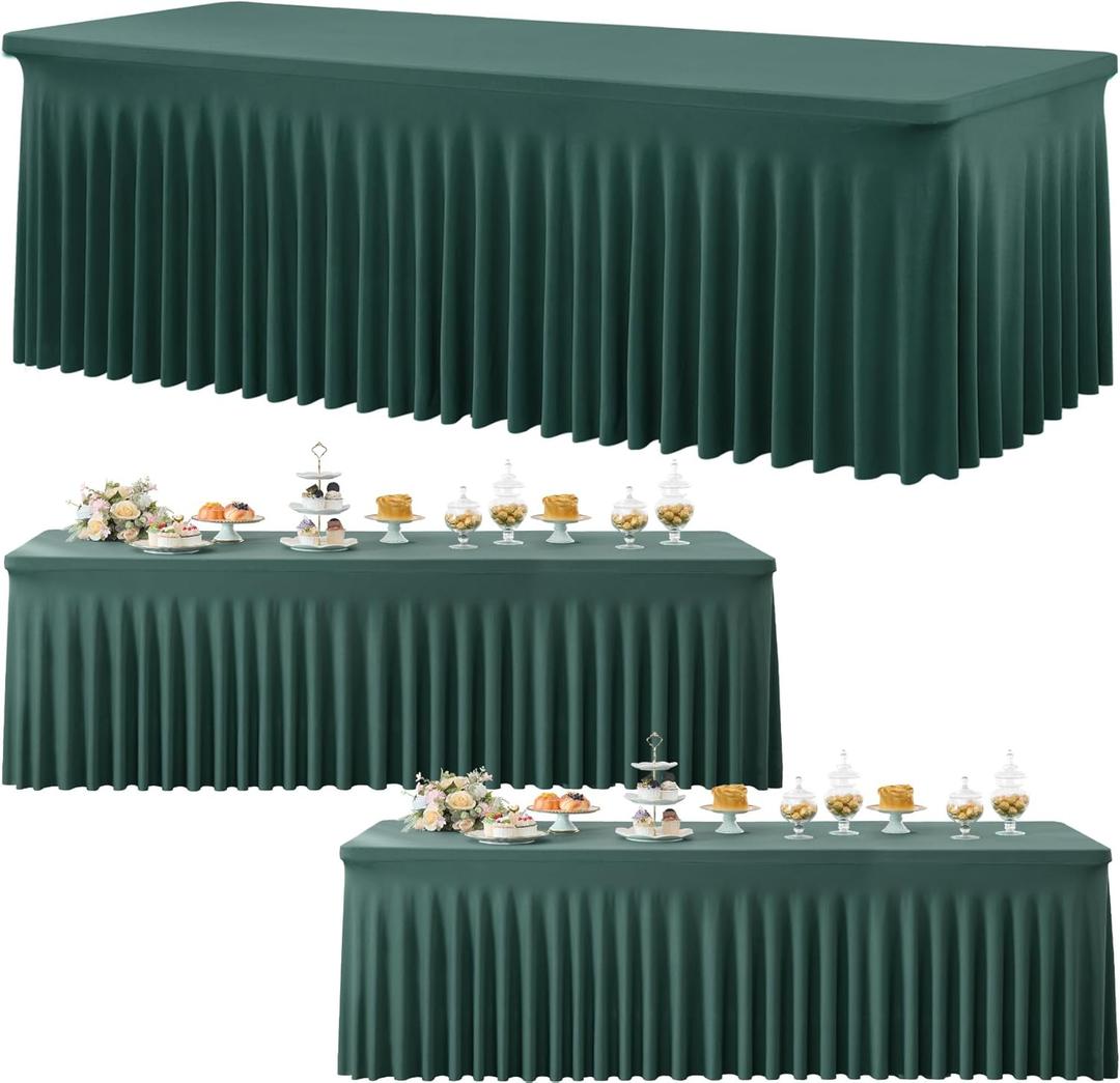 3 Pack Hunter Green Spandex Tablecloth for 8 Foot Rectangle Tables, Wrinkle Free Fitted Table Cloth Cover 8ft Green Stretchy Tablecloths with Skirt for Parties Weddings Birthday Banquet Baby Shower