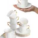 BTaT- Turkish Coffee Cup Set, 3 oz, 6 Set (12 pcs), Elegant White Cups & Saucers with Gold Trim, Small Porcelain Espresso Set for Serving Greek, Arabic & Turkish Coffee, Gift Giving