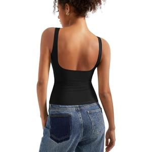 SUUKSESS Women Built in Bra Open Back Boat Neck Tank Tops Double Lined Backless Y2K Going Out Top Basic Shirt (Black,M)