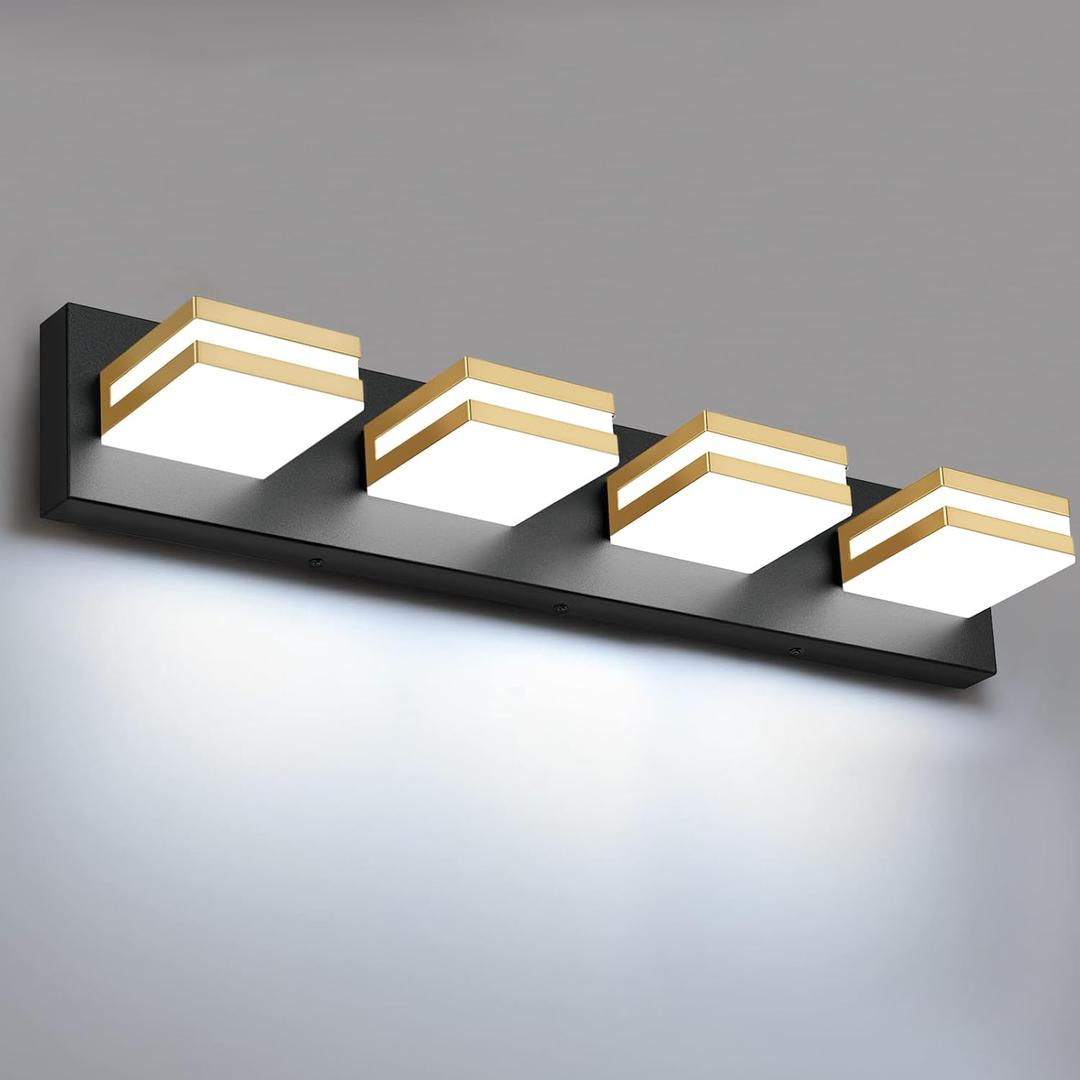 Bathroom Lights Fixtures Over Mirror, 360°Rotate Modern LED Vanity Lights for Bathroom, 32W Dimmable & High CRI Acrylic Wall Lighting, No Assembly Required (Black Gold, 4-Light, 24 Inch)