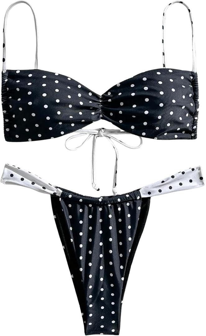 MakeMeChic Women's Polka Dots Bikini Set Tie Back Thong Summer Bathing Suit Swimsuit (Medium, Multicolor)