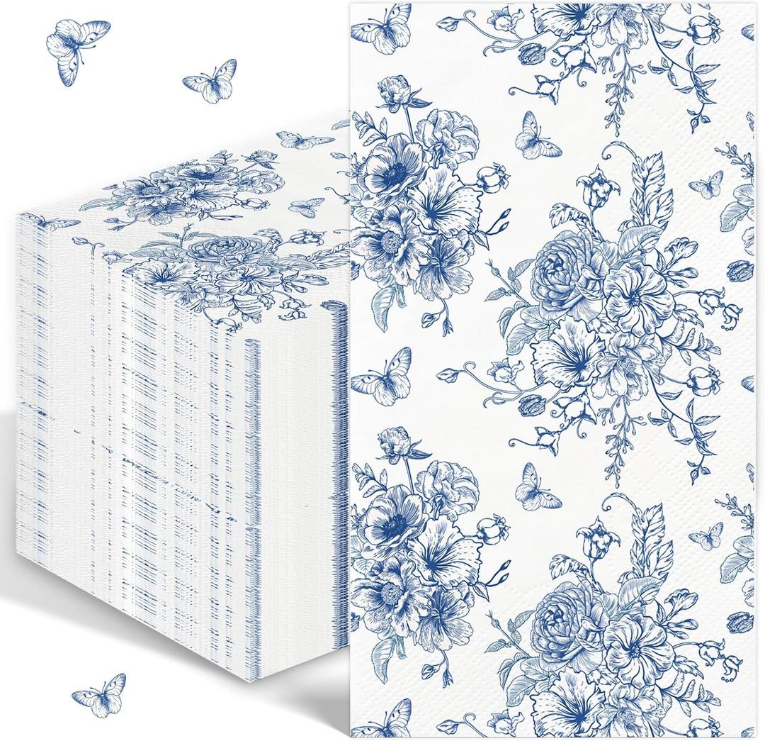 100PCS Blue Floral Napkins Disposable Hand Towels for Bathroom 3 Ply Blue and White Paper Napkins Decorative Flower Guest Napkins Chinoiserie Napkins for Wedding Bridal Shower Birthday Cocktail Party