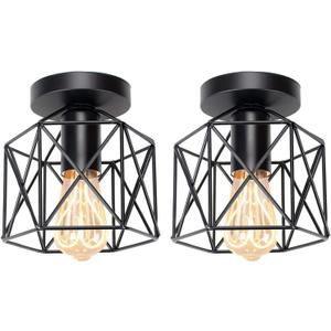 Hedume 2 Pack Semi-Flush Mount Ceiling Light, Retro Black Industrial Ceiling Light - Black Painting Metal Pendant Light Fixture for Hallway Stairway Bedroom Kitchen (E27)