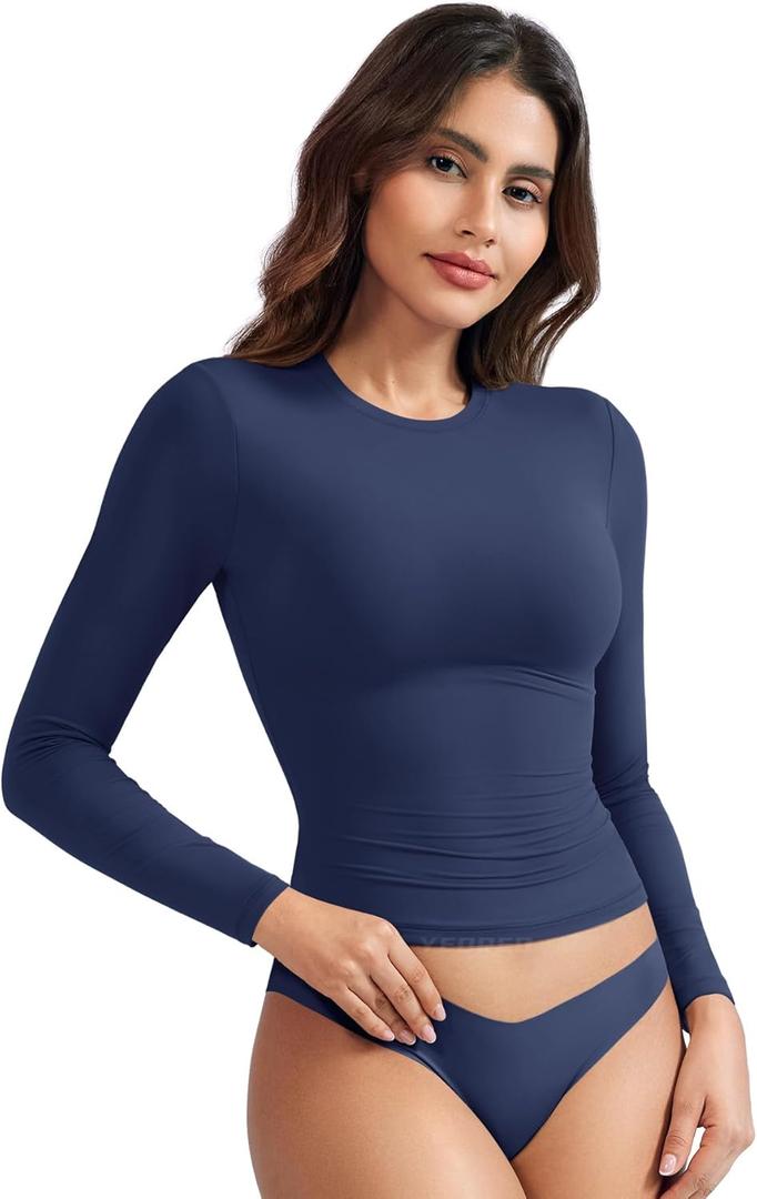 YEOREO Long Sleeve Shirts for Women y2k Tops Double Lined Basic Tee Crew Neck Going Out Sweeney Workout Undershirt (X-Small, Deep Blue)