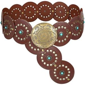 Wide Disc Belt for Women - PU Leather Hollow Out Round Belts Vintage Western Cowboy Cowgirl Waist Belt, Dark Brown, For 31"-34" Waist