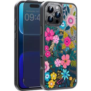 FUNMIKO for iPhone 16 Pro Max Case with Privacy Screen Protector, Wireless Charging Compatible, Translucent Matte Cover - Cute Floral Design Phone Case for Women Girls - Colorful Blooming Flower