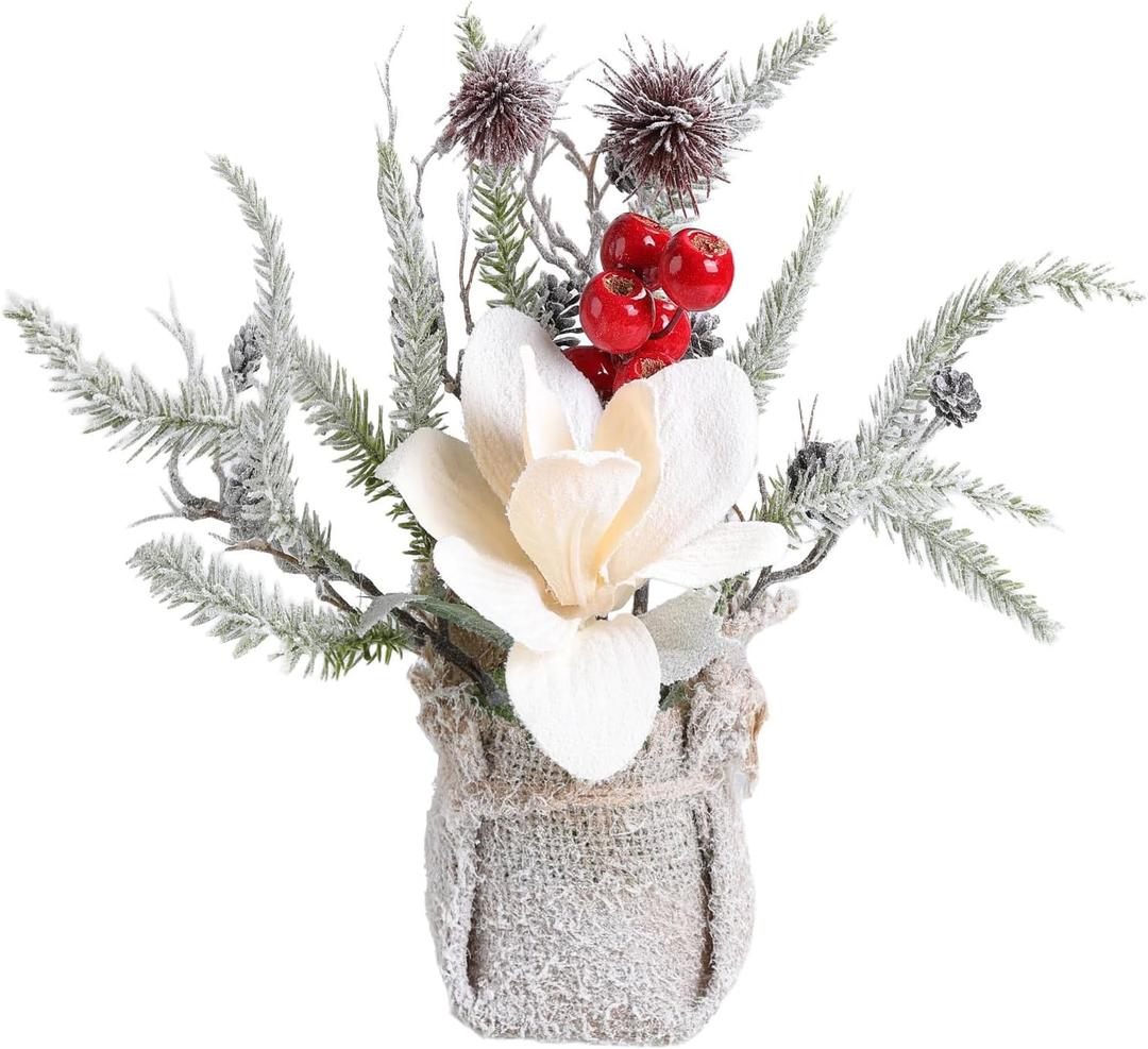 13.8 Christmas Flower Desk Decor Tabletop Small Artificial Potted Christmas Tree-Snowy Poinsettia, Red Berry, Pinecone & Pine Branches Arrangement in Burlap Vase (Cream White Magnolia)