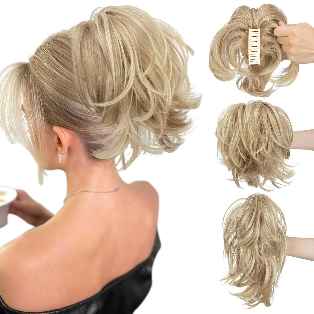 CJL HAIR Claw Clip Short Ponytail Hair Extensions DIY Bendable Metals Messy Bun Hair Piece for Women Straight Synthetic Fake Hairpieces Dirty Blonde