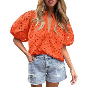 PRETTYGARDEN Women's Summer Tops 2025 Dressy Casual Short Sleeve V Neck Buttons Hollow Out Lace Embroidered Blouses Shirts (Orange)