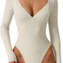 QINSEN Women's Long Sleeve Bodysuit V Neck Body Suits Seamed Cup Going Out Tops Shirt, Size S