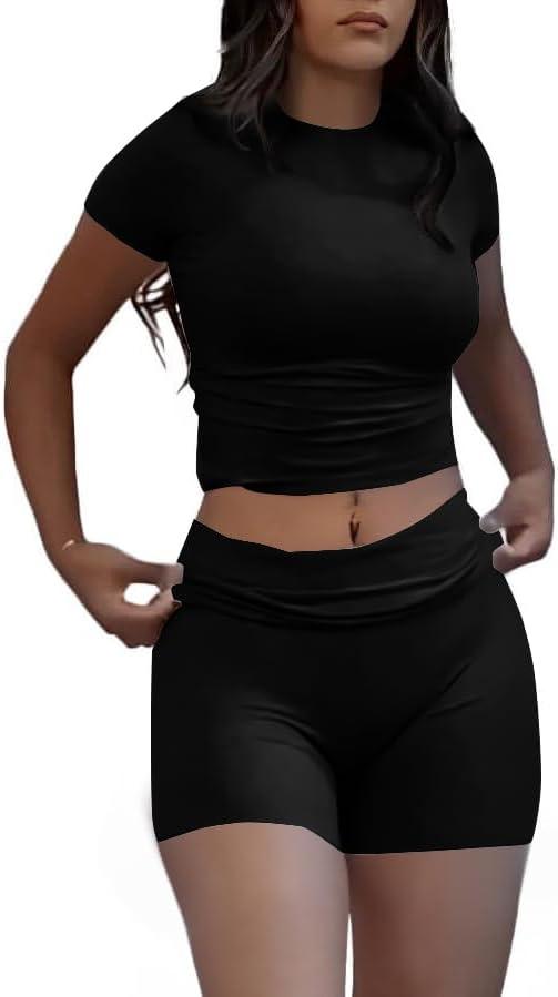 AYWA Women's Two Piece Sets Summer Slim Fitted Short Sleeve Tops Foldover Shorts Matching Lounge Sets M