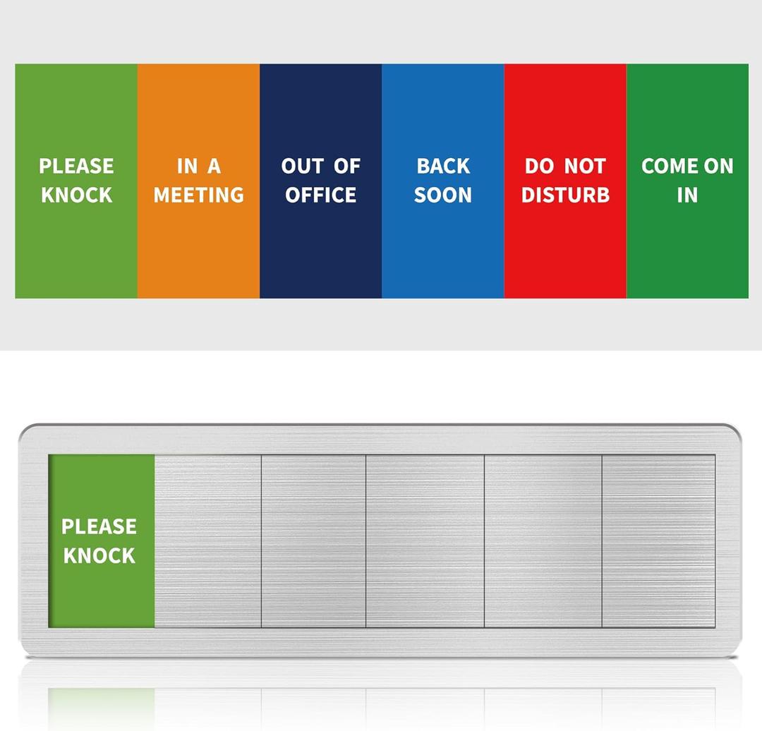 Office Door Signs- 6 Options Out Of Office Sign for Door,Do Not Disturb, In A Meeting,Please Knock, Come On In,Back Soon, Privacy Slider Sign for Meeting & Conference Room Brushed Silver