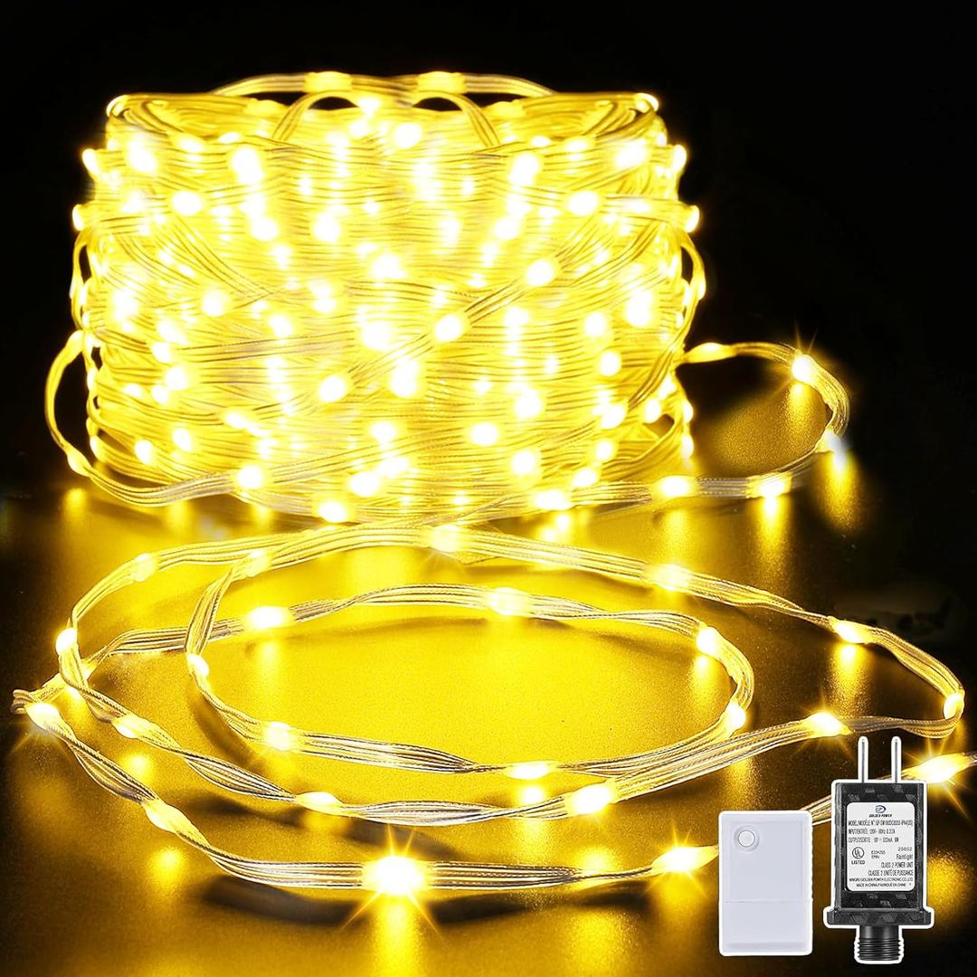 Marchpower Christmas Strip Lights Warm White - 98FT 600LED 9 Modes Chasing Clear Christmas Tree Lights, Waterproof Plug in Xmas Strip Light for Outdoor Indoor House Decor