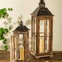 Large Farmhouse Wooden Decorative Lantern Set of 2, Rustic Distressed Brown Burnt Wood Floor Candle Lanterns, Indoor/Outdoor Hanging Lanterns for Home Decor (No Glass)