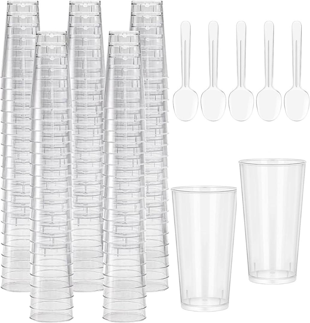 100 Pack 3Oz Dessert Cups with Spoons, Plastic Mini Shooter Cups for Parties, BPA free Clear Appetizer Parfait Cups Mini Cups for Ice Cream, Pudding, Tasting Party