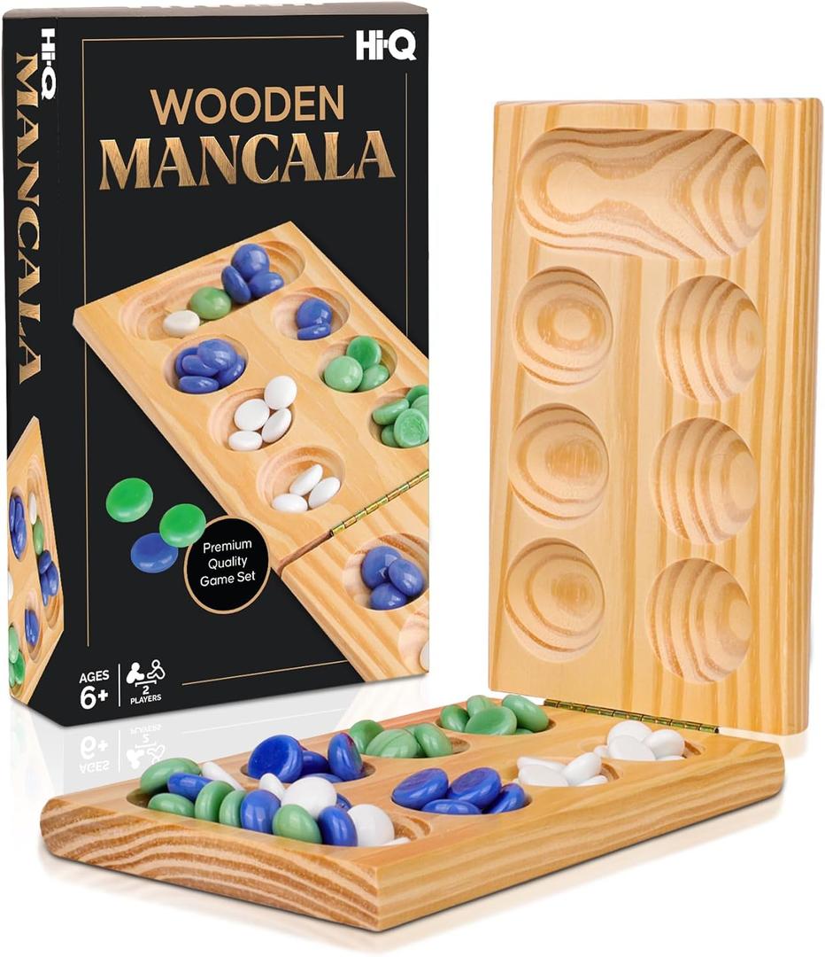 Hi-Q Solid Pine Mancala - Folding Board Game with Blue, Green, White Marbles- Portable Strategy Travel Game - Recommended Ages 6+