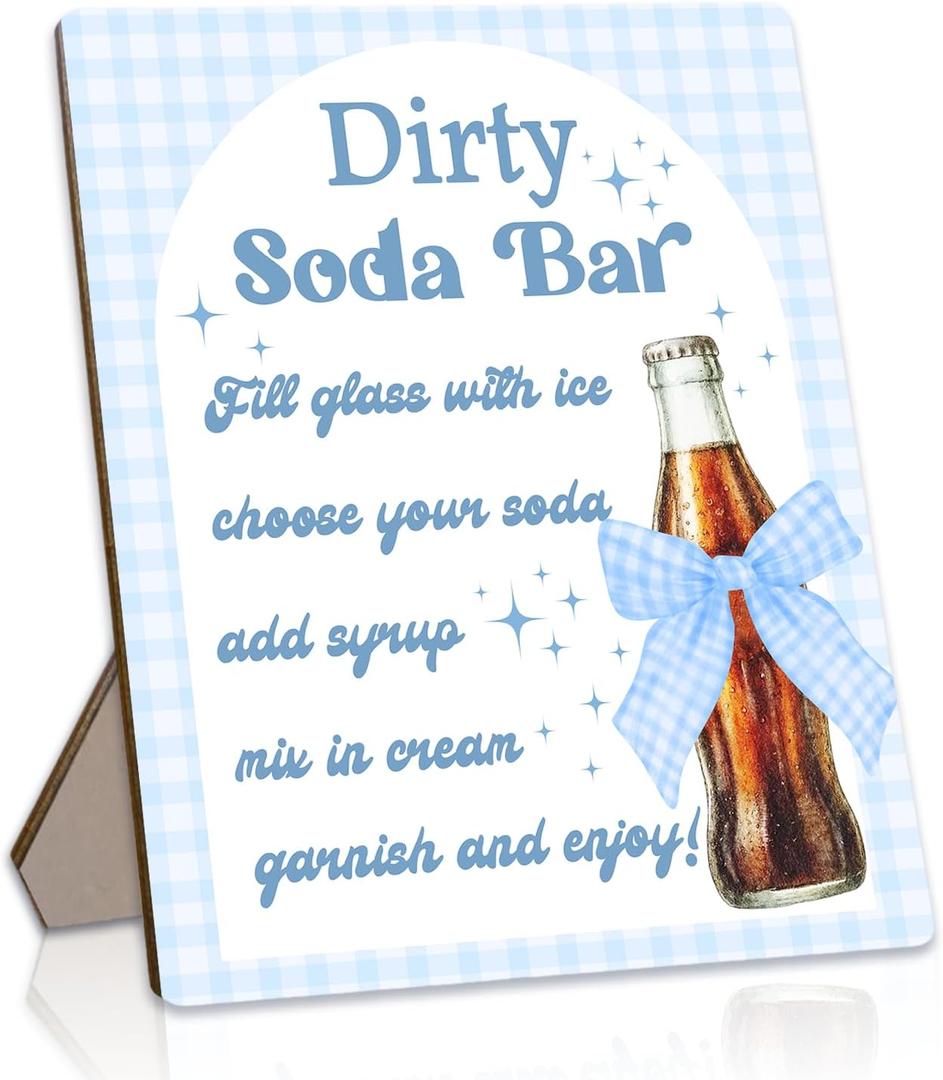 She's Ready to Pop Dirty Soda Bar Sign with Instructions, Blue Bow Wooden Tabletop Sign for Gender Reveal Party, Cola Theme Baby Shower Party Decor, 8x10 Inch