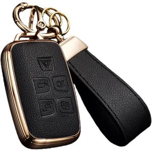 Key Fob Cover for Land Rover with Key Chain, Upper Leather + Soft TPU Key Cover Case Shell for Land Rover LR4 Range Rover Sport Evoque Jaguar XF XJ XJL F-pace (Black)