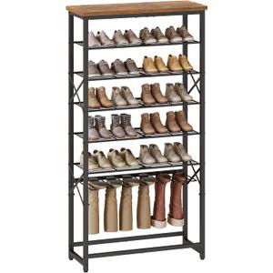 8-Tier Tall Shoe Rack for Entryway, Large Capacity Shoe Storage Organizer with Boot Storage, Freestanding Shoes Shelf Holds 27 Pairs of Shoes, Space Saving, Black and Rustic Brown SS17BR (27.8" x 10.8" x 55.5")