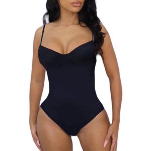 Hilinker Women's V Neck Spaghetti Strap Bodysuit Sexy Sleeveless Camisole Bustier Top (Large, Black)