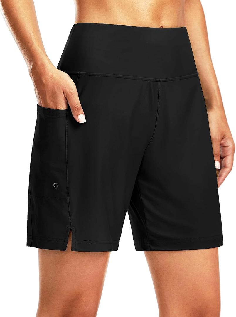 G Gradual Women's 7" Long Swim Board Shorts High Waisted Quick Dry Beach Swimming Shorts for Women with Liner Pockets (Black)