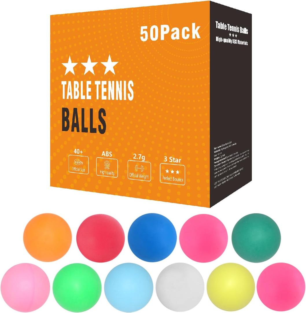 Colored Ping Pong Balls: 3 Star 40mm Table Tennis Balls for Outdoor Training Yard Party Kids Game Cat Dog Ferret Toys (Pack of 50 colored)