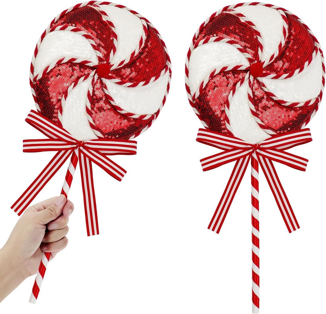 2 Pcs Huge Sequin Velvet Peppermint Sprays Ornament Glitter Lollipop Candy Christmas Topper Picks Stripe Ribbon Bows for Xmas Tree Fillers Wreath Craft DIY Home Decor (Red and White, 26 x 11 Inches)