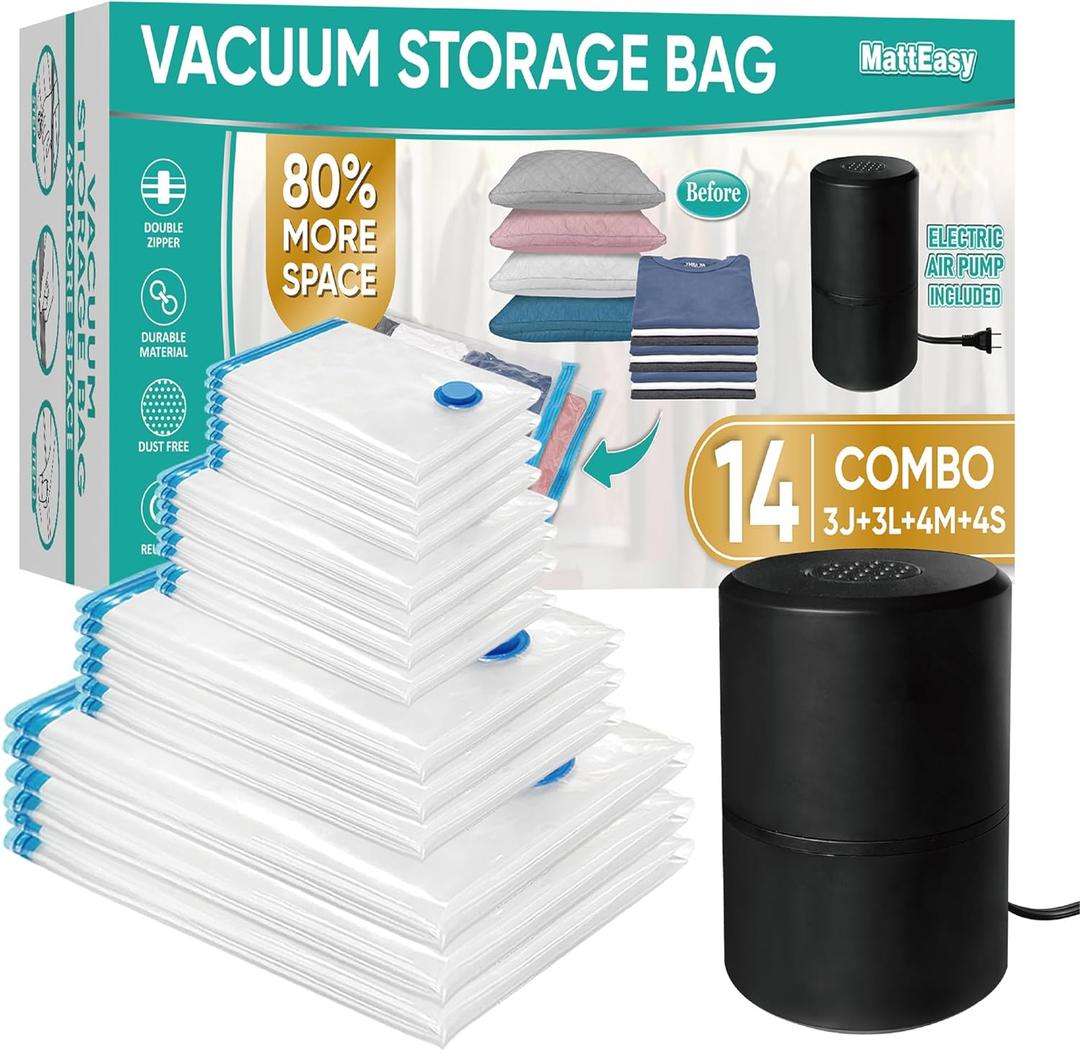 Vacuum Storage Bags with Electric Pump, 14 Pack (3 Jumbo/3 Large/4 Medium/4 Small), Space Saver Bags with Pump, Storage Vacuum Sealed Bags for Clothes, Comforters, Blankets, Bedding